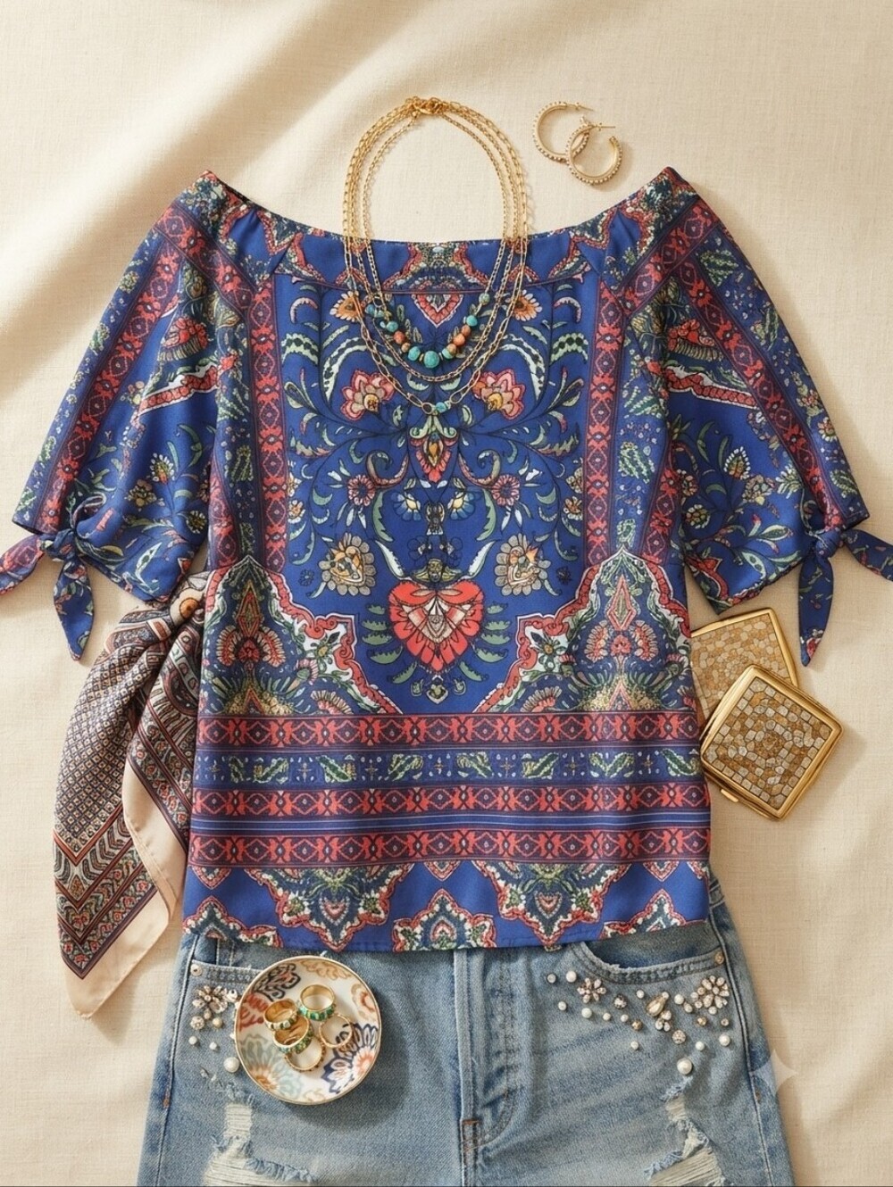 Verse Blue Boho Print Off The Shoulder Relaxed Fit Blouse Top